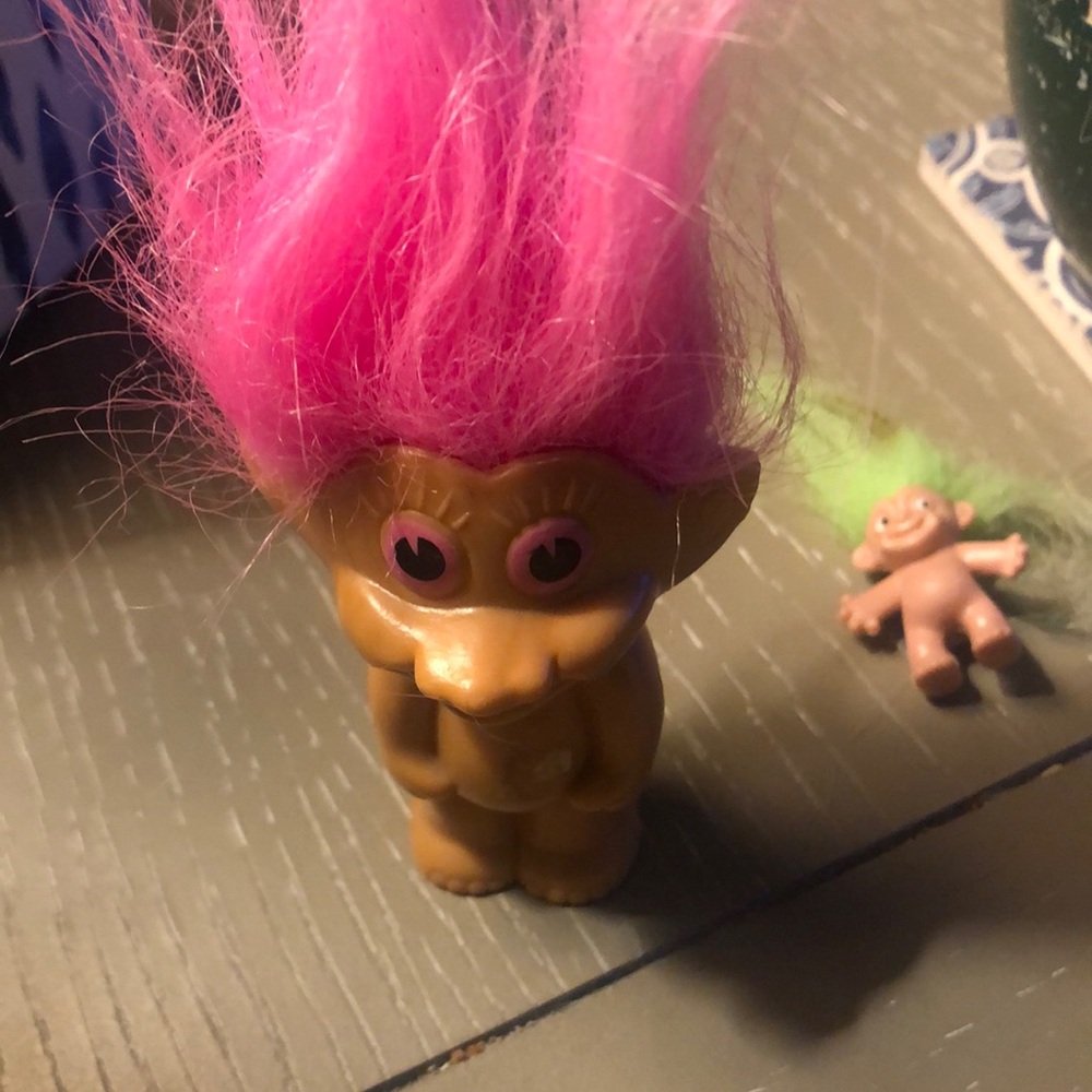 Vintage hot pink troll and mini troll.